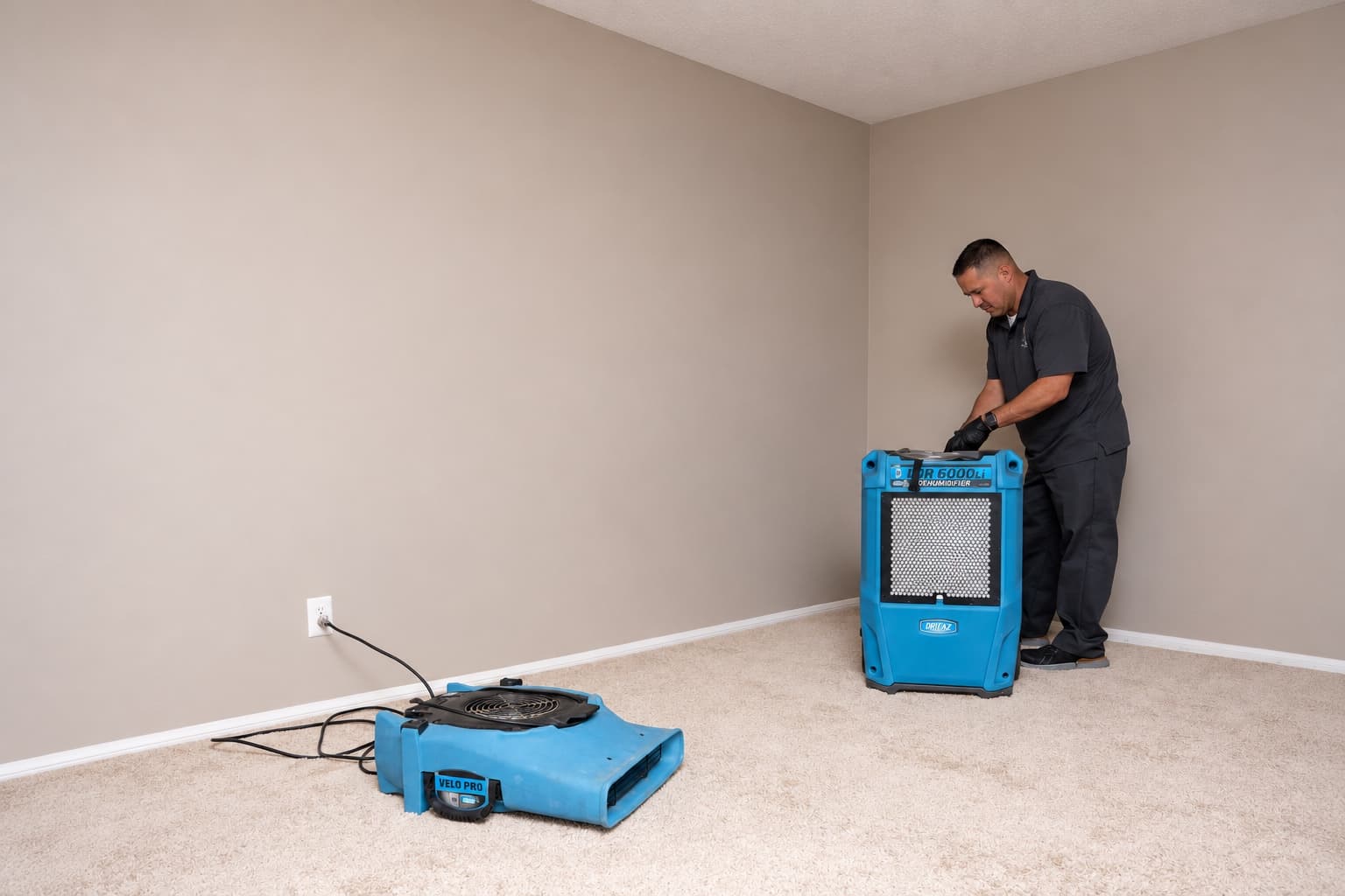 RestoreIQ technician setting professional drying equipment inside a home